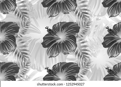 Tropical pattern. White and black exotic summer flower vector background. Beauty fasion monstera, palm leaves and hibiscus flowers. Hawaiian tropic jungle endless print. Natural swimwear design.
