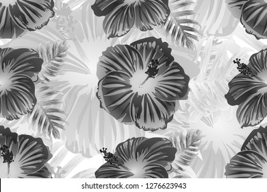 Tropical pattern. White and black exotic summer flower vector background. Beauty fasion monstera, palm leaves and hibiscus flowers. Hawaiian tropic jungle endless print. Natural swimwear design.