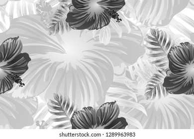 Tropical pattern. White and black exotic summer flower vector background. Beauty fasion monstera, palm leaves and hibiscus flowers. Hawaiian tropic jungle endless print. Natural swimwear design.