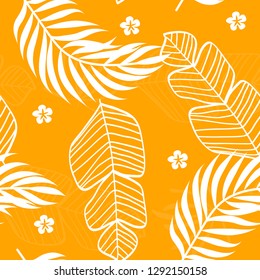 Tropical pattern with white leaves of monstera, banana and palm trees on a yellow background. Exotic seamless pattern.