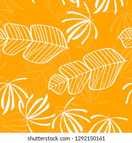 Tropical pattern with white leaves of monstera, banana and palm trees on a yellow background. Exotic seamless pattern.