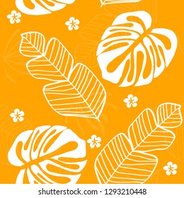 Tropical pattern with white leaves of monstera, banana and palm trees on a yellow background. Exotic seamless pattern.