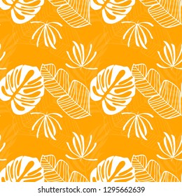 Tropical pattern with white leaves of monstera, banana and palm trees on a yellow background. Exotic seamless pattern.