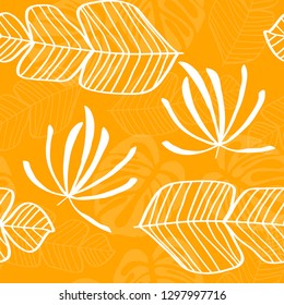 Tropical pattern with white leaves of monstera, banana and palm trees on a yellow background. Exotic seamless pattern.