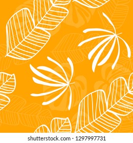 Tropical pattern with white leaves of monstera, banana and palm trees on a yellow background. Exotic seamless pattern.