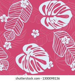 Tropical pattern with white leaves of monstera, banana and palm trees on a pink background. Exotic seamless pattern.
