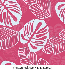 Tropical pattern with white leaves of monstera, banana and palm trees on a pink background. Exotic seamless pattern.