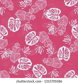 Tropical pattern with white leaves of monstera, banana and palm trees on a pink background. Exotic seamless pattern.