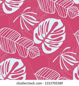 Tropical pattern with white leaves of monstera, banana and palm trees on a pink background. Exotic seamless pattern.