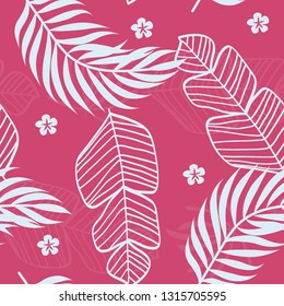 Tropical pattern with white leaves of monstera, banana and palm trees on a pink background. Exotic seamless pattern.