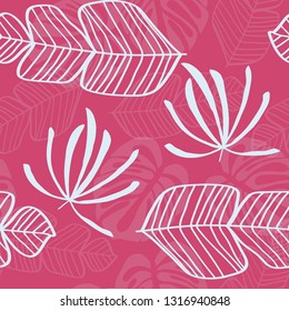 Tropical pattern with white leaves of monstera, banana and palm trees on a pink background. Exotic seamless pattern.
