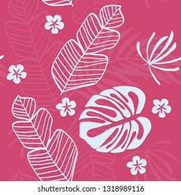 Tropical pattern with white leaves of monstera, banana and palm trees on a pink background. Exotic seamless pattern.