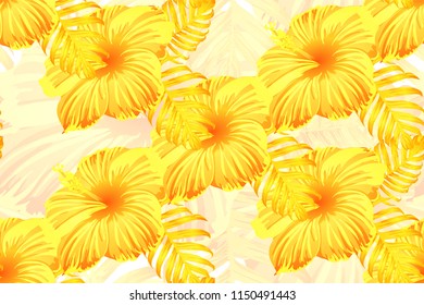 Tropical pattern. Yellow exotic summer flower vector background. Beauty fasion monstera, palm leaves and hibiscus flowers. Hawaiian tropic jungle endless print. Natural swimwear design.