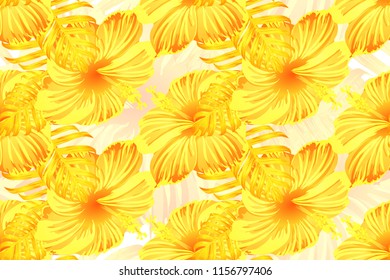 Tropical pattern. Yellow exotic summer flower vector background. Beauty fasion monstera, palm leaves and hibiscus flowers. Hawaiian tropic jungle endless print. Natural swimwear design.