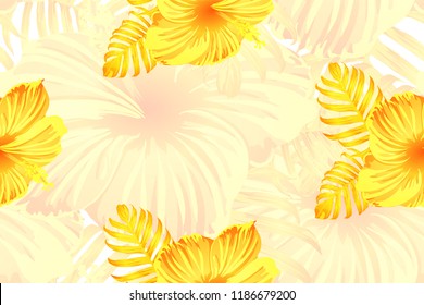 Tropical pattern. Yellow exotic summer flower vector background. Beauty fasion monstera, palm leaves and hibiscus flowers. Hawaiian tropic jungle endless print. Natural swimwear design.
