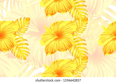 Tropical pattern. Yellow exotic summer flower vector background. Beauty fasion monstera, palm leaves and hibiscus flowers. Hawaiian tropic jungle endless print. Natural swimwear design.