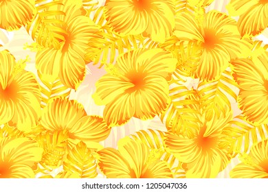 Tropical pattern. Yellow exotic summer flower vector background. Beauty fasion monstera, palm leaves and hibiscus flowers. Hawaiian tropic jungle endless print. Natural swimwear design.