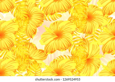 Tropical pattern. Yellow exotic summer flower vector background. Beauty fasion monstera, palm leaves and hibiscus flowers. Hawaiian tropic jungle endless print. Natural swimwear design.