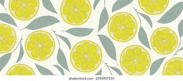 Tropical pattern with yellow lemons. Citrus lemon pattern illustration. Vector print for fabric, background, card, invitation or poster.
