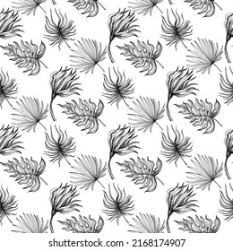 Flores con motivos tropicales. Arte con tinta grabada. Patrón sin foco sobre fondo negro. Textura de impresión de papel tapiz de tela. Vector.