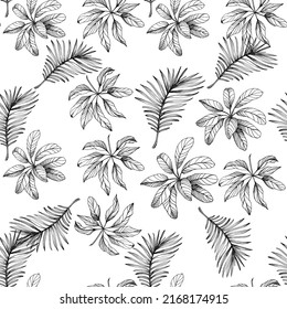 Tropical patterns flowers. Engraved ink art. Seamless pattern on black background. Fabric wallpaper print texture. Vector.