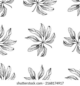 Tropical patterns flowers. Engraved ink art. Seamless pattern on black background. Fabric wallpaper print texture. Vector.