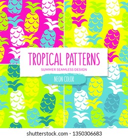 Tropical patterns with pineapples in neon colors. Seamless design. Summer style.  Ready for printing on textile and other seamless design.