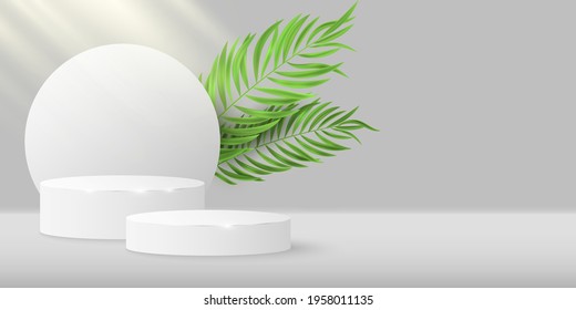 Tropical pedestal and circle with palm leaf to display your cosmetic product. Vector cylinder stage for presentation. Aesthetic concept. Sunbeam effect. Exotic mock up for summer sale. EPS 10.