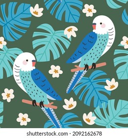 Tropical Pet Parrot Budgies on Monstera and Floral Background. Seamless Repeat.