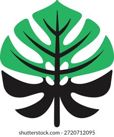 Icono de hoja de filodendro tropical con lóbulos superiores verdes vibrantes y estructura inferior negra sólida que representa la jardinería de la naturaleza o la estética de la selva
