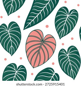 Tropical Pilea nahtloses Muster mit lebendigen Farben und exotischen Elementen auf weißem Konzept als lebendige tropische Pilea Blätter mit exotischen Elementen bilden ein lebendiges nahtloses Muster perfekt für Sommertextilien in Foto Stock Concept und leeren Raum auf der linken Seite, kein Text —ar 7:2 —tile