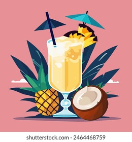 Tropical Pina Colada cocktail with drink umbrella, pineapple and coconut fruit vector. Tropischer summer coconut cocktail pina collada on pastel pink background. National Piña Colada Day vector eps10