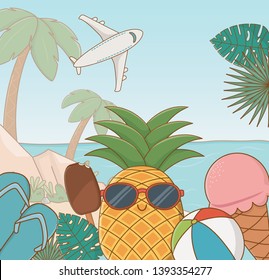 tropical pineaple character on the beach scene