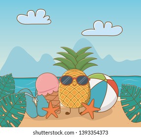 tropical pineaple character on the beach scene