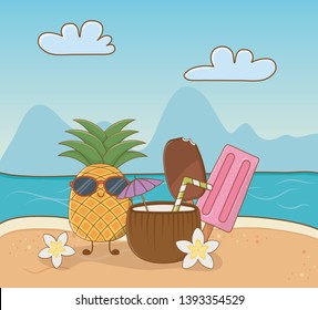 tropical pineaple character on the beach scene