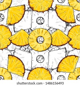 Tropical pineapple or ananas slices summer seamless pattern sketch vector illustration. Exotic fruits repeatable background for wrapping paper and fabric print.