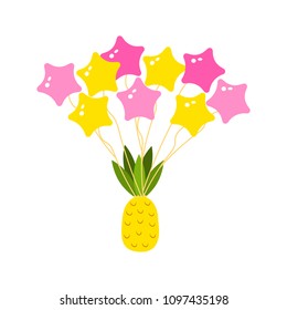 tropical pineapple and balls in the sky are flying. citrus vegetarian food. cute sticker for girls.