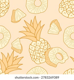 Tropical Pineapple and Citrus Seamless Pattern in Minimal Line Art Style