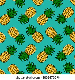 Tropische Ananas-Doodle, handgezeichnet, Vektorgrafik nahtloser Muster-Hintergrund.