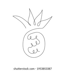 A tropical pineapple drawn in a continuous line. Fruit silhouette with abstract outline. Vector illustration, isolated black elements on a white background.