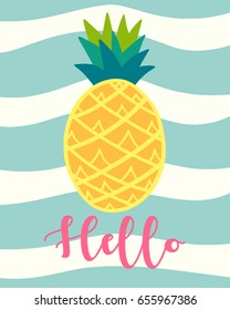 Tropical pineapple fruit over summer background with inscription. Lettering hello. Vector illustration