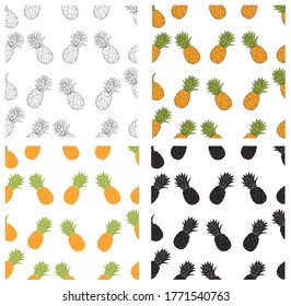 Tropical pineapple pineapple fruit seamless collection on a white background. Vector illustration for textile print, wallpaper, fashion design.