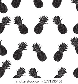 Tropical pineapple. Pineapple fruit seamless pattern on a white background. Black silhouette .Vector illustration for textile print, wallpaper, fashion design