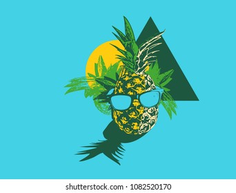 Tropical pineapple fruit with sunglasses summer design element with long shadow and yellow sun on bright blue background