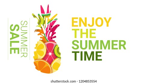 tropical pineapple fruits colorful enjoy summer organic over white background healthy lifestyle or diet concept copy space vector illustration