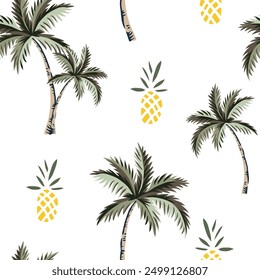 Tropische Ananasfrüchte, Palmen, weißer Hintergrund. Nahtloses Vektormuster. Sommer-Illustration. Exotische Pflanzen. Hawaiianisches Stranddesign. Paradies Natur