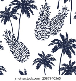 Tropical pineapple fruits, palm trees, white background. Vector seamless pattern. Graphic illustration. Exotic plants. Summer beach design. Paradise nature