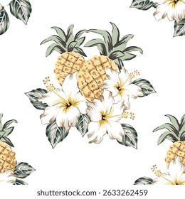 Tropical pineapple fruits, yellow hibiscus flowers, leaves, white background. Seamless pattern. Vector illustration. Exotic plants. Summer beach design. Paradise nature