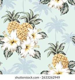 Tropical pineapple fruits, yellow hibiscus flowers, leaves, palm trees silhouettes, light green background. Seamless pattern. Vector illustration. Exotic plants. Summer beach design. Paradise nature