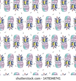Tropical pineapple funky colorful seamless pattern in hand drawn cartoon doodle kid sketch style 